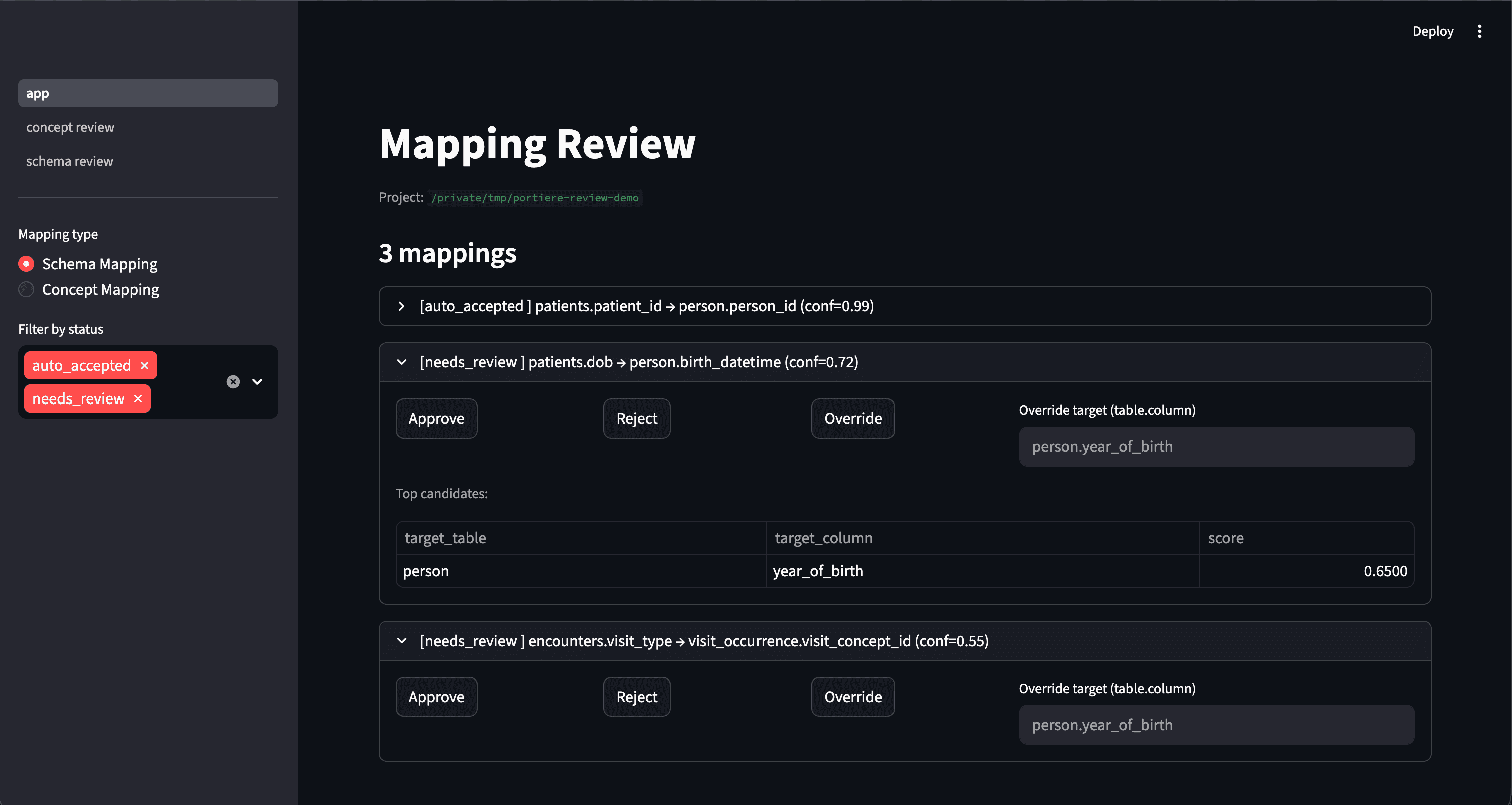 Schema mapping review screen — filter by status, approve, reject, or override individual columns